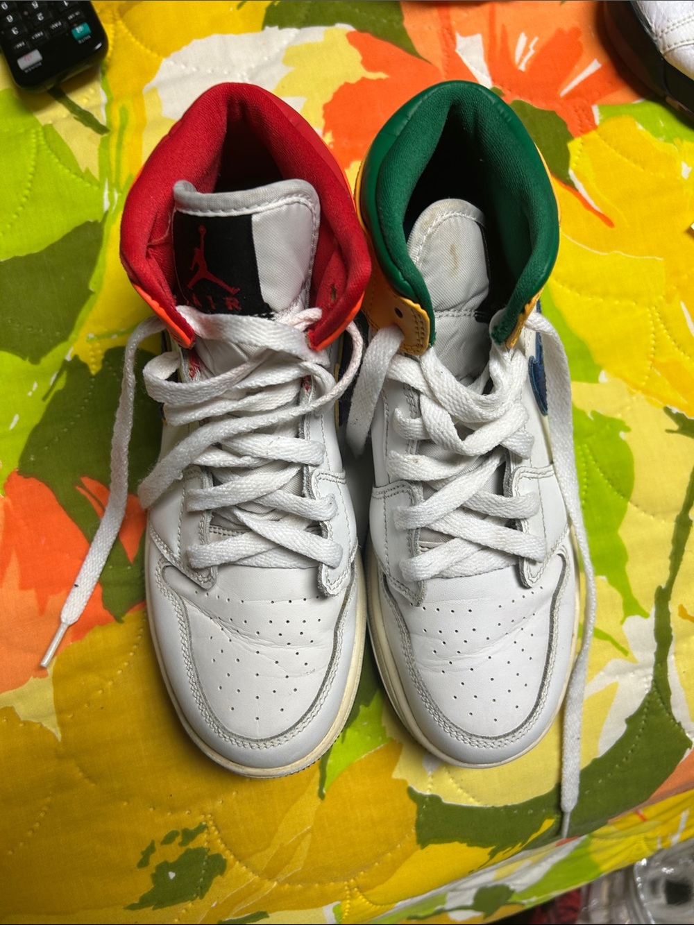Nike Kids White High-Top Sneakers with Red and Green Collars